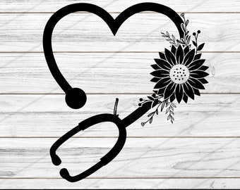 Sonnenblume Blumen Stethoskop Svg, Blume Stethoskop, Krankenschwester Stethoskop, Arzt Stethoskop, medizinische SVG Instant Download