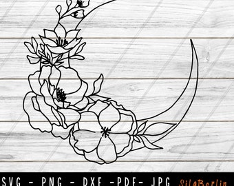 May include: A black and white line drawing of a crescent moon with stylised flowers around it. The flowers are in a cluster and have a simple, elegant design.