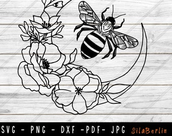 Floral Bee Moon SVG: Flower Cut Files for Cricut, Silhouette (Digital Download)