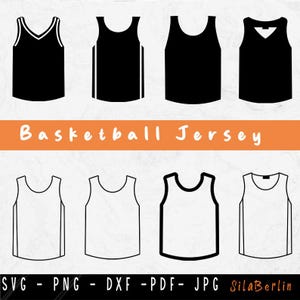 May include: Eight basketball jersey designs in black and white are shown. The designs include tank tops with different necklines and stripe details. The text "Basketball Jersey" is displayed on an orange banner. File formats include SVG, PNG, DXF, PDF, and JPG.