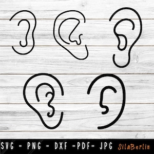 May include: Five black and white outline illustrations of human ears. The ears are drawn in a simple, minimalist style.