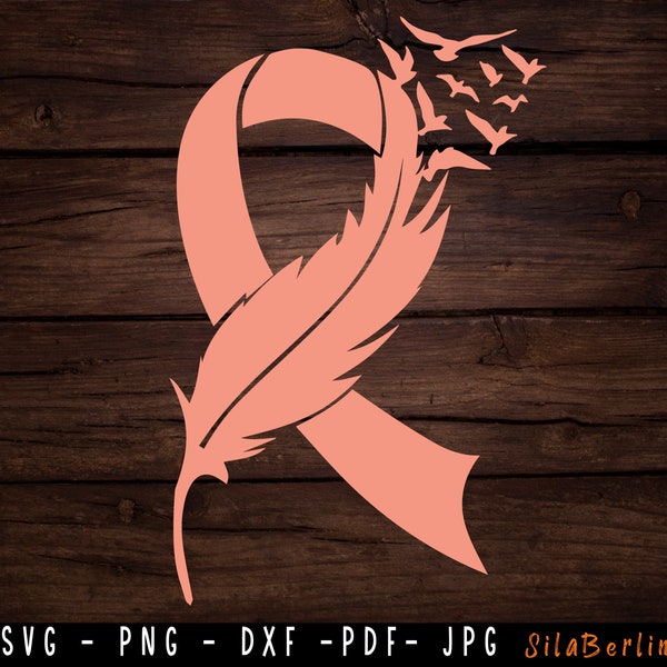 Feather Peach Ribbon SVG, Endometrial Cancer Svg, Awareness Ribbon svg, Endometrial Cancer png, Svg cut file to use for Cricut Silhouette