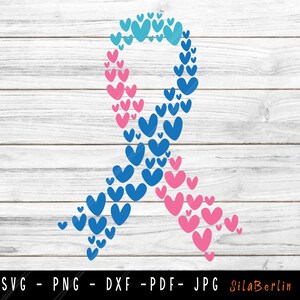 May include: A blue and pink ribbon made of hearts. The ribbon is on a white wood background.