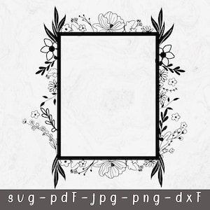 May include: Black and white floral frame with a square border. The frame is decorated with simple flowers and leaves.
