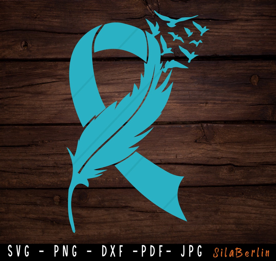 Feather Teal Ribbon Svg Ovarian Cancer Svg Awareness Ribbon Etsy Uk