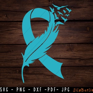 Feder Teal SVG, Ovarian Cancer Svg, Bewusstseinsband Svg, PTSD Awareness, Ovarian Cancer png, Svg Plotterdatei für Cricut