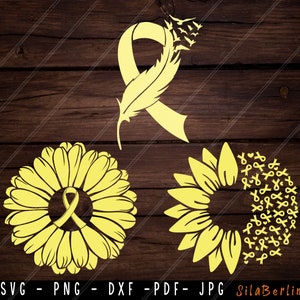 May include: A set of three digital cut files featuring yellow sunflowers and ribbons. The first design shows a sunflower with a ribbon in the center. The second design shows a sunflower with a circle of ribbons around it. The third design shows a ribbon with a feather flying away.