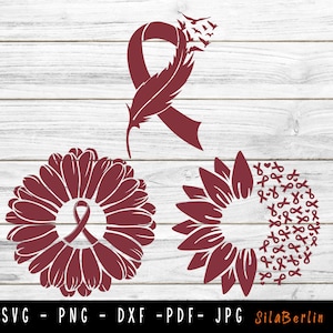 May include: Three maroon-colored designs featuring a ribbon, a sunflower, and a daisy. The ribbon is tied in a bow with a feather extending from the center. The sunflower and daisy have a ribbon in the center. The sunflower is surrounded by smaller ribbons.