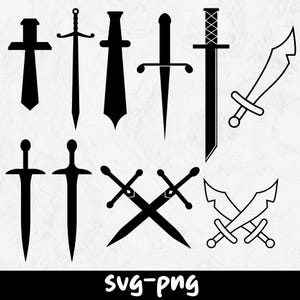 May include: Black sword silhouettes in various designs, including broadswords, a saber, and crossed swords. The image features a collection of medieval weapon illustrations, perfect for digital art or crafting projects. The text "svg-png" is at the bottom.