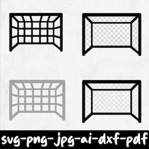 Peut inclure: Quatre illustrations de buts de football en noir et gris. Deux buts présentent un design en filet, et deux ont un design en grille. Les buts sont placés sur un fond blanc. Le bas de l'image contient le texte : svg-png-jpg-ai-dxf-pdf.