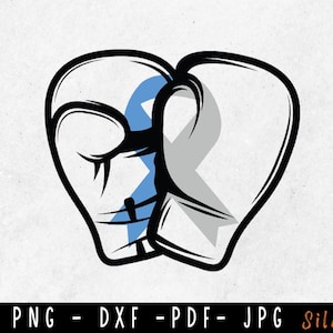 May include: A black and white illustration of two boxing gloves with a blue ribbon tied around them.