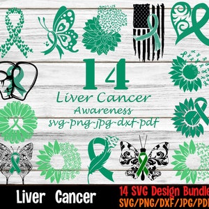 Liver Cancer Bundle SVG, Feather Liver Cancer svg, Heart Liver Cancer Awareness, Green Ribbon Svg, Svg cut file to use for Cricut
