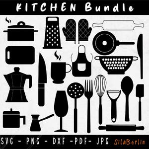 May include: A black and white digital download set of 20 kitchen SVG cut files. The set includes a variety of kitchen items such as a rolling pin, a whisk, a colander, a grater, a spatula, a spoon, a knife, a pot, a coffee pot, a teacup, a wine glass, a measuring cup, a measuring spoon, a kitchen towel, a kitchen apron, a pair of oven mitts, and a kitchen utensil holder. The set is perfect for creating custom kitchen decor, crafts, and projects.