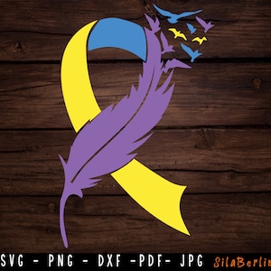 Plume Bleu Jaune Violet Ruban SVG, Cancer de la vessie Svg, Ruban de sensibilisation svg, Cancer de la vessie png, Fichier coupé Svg à utiliser pour Cricut