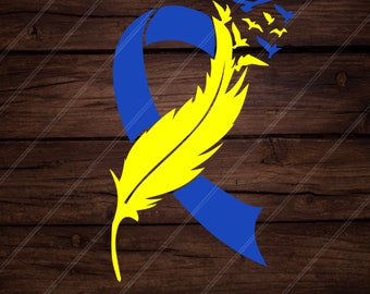 May include: A blue ribbon with a yellow feather and small blue birds on a wooden background. The image includes the text "SVG - PNG - DXF - PDF - JPG SilaBerlin".