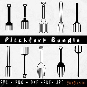 May include: A set of ten black and white silhouette images of different pitchforks. The images are arranged in two rows of five. The text "Pitchfork Bundle" is at the top of the image. The text "SVG - PNG - DXF - PDF - JPG SilaBerlin" is at the bottom of the image.