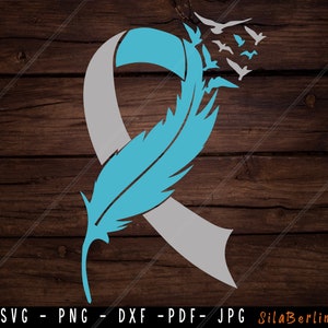 Feather White Teal Ribbon SVG, Cervical Cancer Svg, Awareness Ribbon svg, Cervical Cancer png, Svg cut file to use for Cricut Silhouette