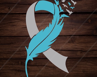 May include: A blue feather with a gray ribbon tied around it. The feather is flying away with a flock of birds.