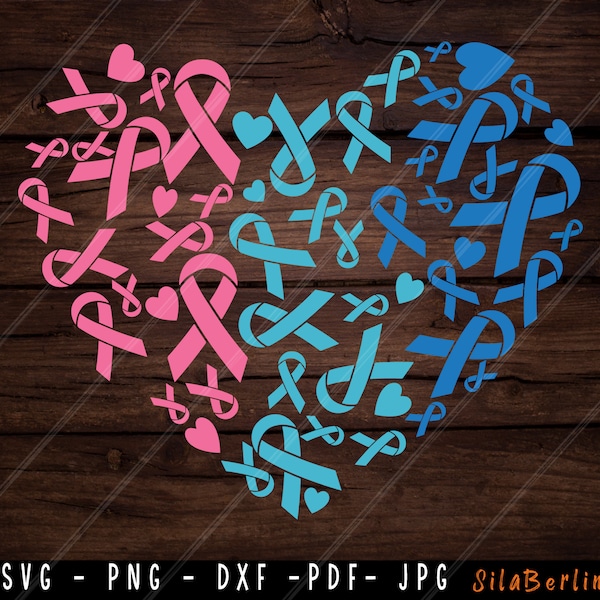 Blue & Pink Heart SVG, Thyroid Cancer Svg, Thyroid Ribbon Png, Thyroid Cancer Clipart, Cancer Awareness, Fight Cancer, Instant Download