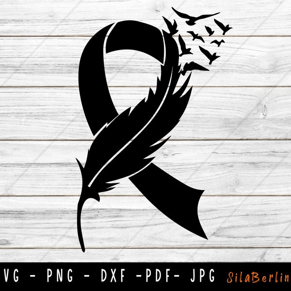 Feather Black Ribbon SVG, Skin Cancer Svg, Awareness Ribbon svg, Skin Cancer png, Svg cut file to use for Cricut Silhouette