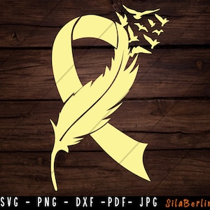 Feder Gelbes Band SVG, Sarkom Krebs Svg, Bewusstseinsband svg, Knochen krebs png, Svg Schnittdatei für Cricut Silhouette
