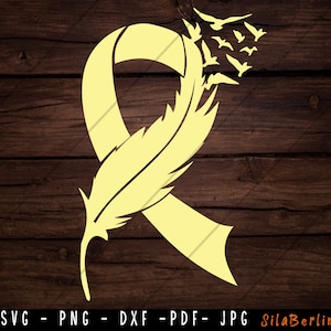 Feather Yellow Ribbon SVG, Sarcoma Cancer Svg, Awareness Ribbon svg, Bone Cancer png, Svg cut file to use for Cricut Silhouette image 1