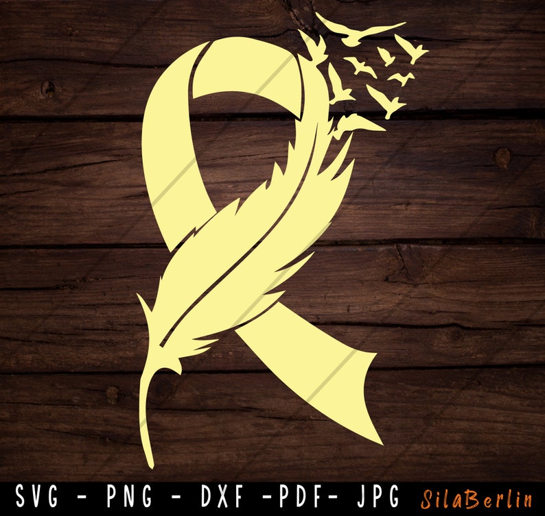 Feather Yellow Ribbon SVG, Sarcoma Cancer Svg, Awareness Ribbon svg, Bone Cancer png, Svg cut file to use for Cricut Silhouette image 1