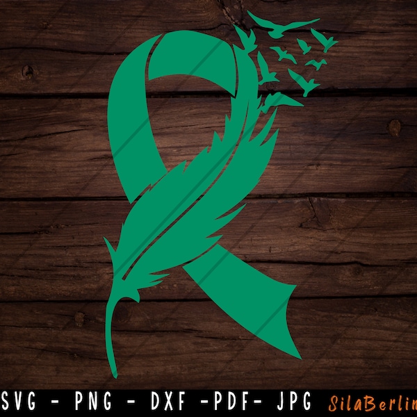 Feather Green Ribbon SVG, Liver Cancer Svg, Awareness Ribbon svg, Liver Cancer png, Svg cut file to use for Cricut Silhouette