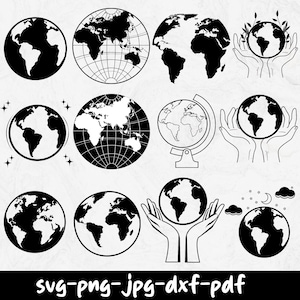 May include: A collection of black and white globe illustrations in various styles. Some globes are solid, others have grid lines, and some are held in hands. The image includes the text "svg-png-jpg-dxf-pdf".