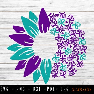 May include: A teal and purple sunflower design with a center filled with small teal and purple hearts and ribbons. The design is perfect for crafting projects, scrapbooking, and more.