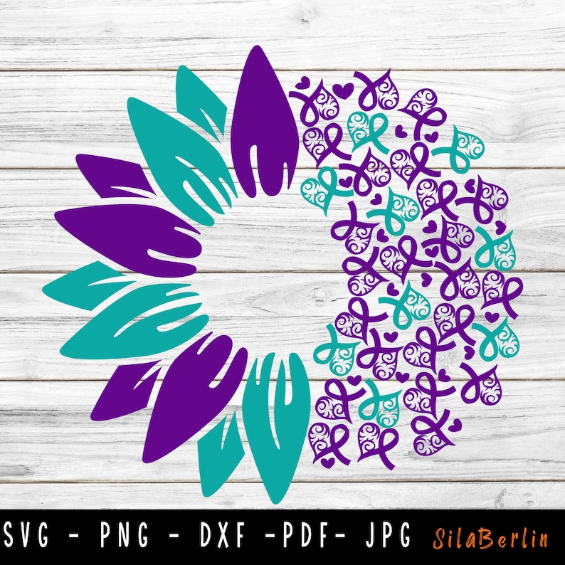 May include: A teal and purple sunflower design with a center filled with small teal and purple hearts and ribbons. The design is perfect for crafting projects, scrapbooking, and more.