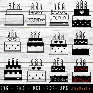 May include: Ten black and white cake designs with candles and the words "Happy Birthday" on one of the cakes. The designs are perfect for cutting files for a crafting project.