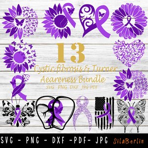 Sunflower Cystic fibrosis Bundle SVG, Feather Cystic fibrosis svg,Heart  Cystic fibrosis Awareness, Purple Ribbon Svg, Svg cut file to use