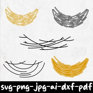 Può includere: Una collezione di grafiche vettoriali con design di nidi stilizzati. Le immagini includono varie disposizioni di linee e forme curve in oro e nero, con uno sfondo bianco. La parte inferiore dell'immagine mostra il testo "svg-png-jpg-ai-dxf-pdf".