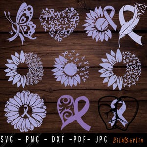 May include: A set of ten purple and white SVG cut files featuring various designs with a ribbon theme. The designs include a butterfly, a heart, a sunflower, a feather, and a boxing glove.