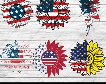 Paquete SVG de la bandera estadounidense de girasoles: diseños patrióticos del 4 de julio (descarga digital)