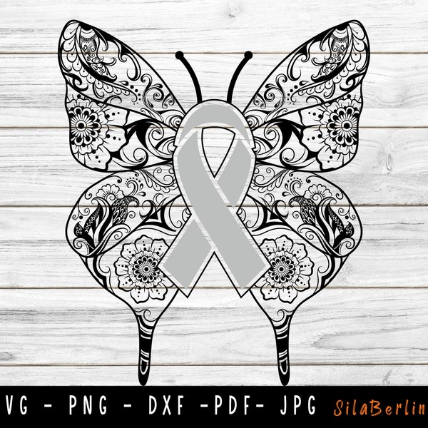 Butterfly Brain Cancer SVG, Brain Cancer svg, Brain Cancer Awareness Svg, Grey Ribbon Svg, Brain Cancer png, Svg cut file to use for Cricut
