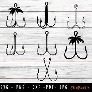 Peut inclure: Ensemble de six fichiers de découpe numériques en noir et blanc représentant différents styles d'hameçons de pêche. Les hameçons sont de formes et de tailles variées, dont un hameçon avec un motif de palmier.