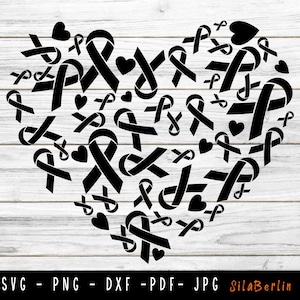Black Heart SVG, Skin Cancer Svg, Black Ribbon Png, Skin Cancer Clipart, Cancer Awareness, Fight Cancer, Instant Download