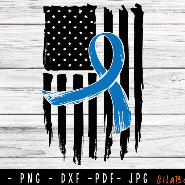 Colon Cancer USA Flag SVG, Colon Cancer Awareness, Fight Flag svg, Dark Blue Ribbon USA Flag svg, Svg cut file to use for Cricut