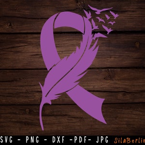 Ruban violet plume SVG, Cancer du pancréas Svg, Ruban de sensibilisation svg, Cancer du pancréas png, fichier de coupe Svg à utiliser pour Cricut Silhouette