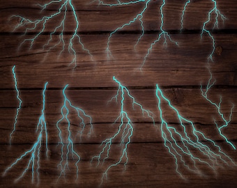 May include: A set of six blue lightning bolt illustrations on a brown wooden background.