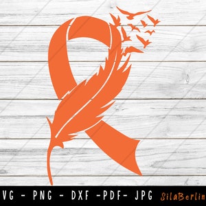 May include: An orange ribbon with a feather design and a flock of birds flying away. The ribbon is a symbol of support and hope.