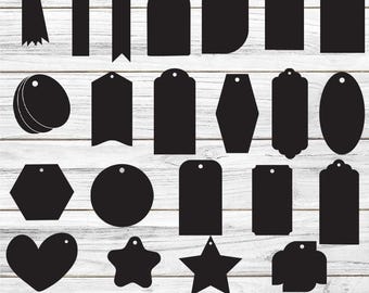May include: A set of 18 black and white printable SVG cut files for crafting projects. The files include various shapes, such as circles, stars, hearts, and tags.