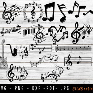 Op de afbeelding: Een verzameling zwart-witte illustraties van muzieknoten, waaronder vioolsleutels, basssleutels, noten en notenbalken. De illustraties zijn perfect voor het maken van muziekthema-ambachten, projecten en ontwerpen.