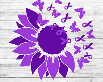 Sunflower Lupus Awareness SVG: Purple Ribbon, Butterflies (Digital Files)