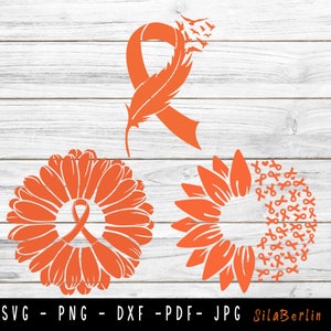 Könnte beinhalten: Drei orangefarbene digitale Schnittdateien mit einem orangefarbenen Band mit einer Feder, einer Sonnenblume mit orangefarbenen Bändern und einer Gänseblümchen mit einem orangefarbenen Band in der Mitte.