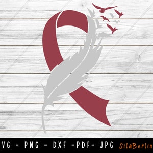 フェザーバーガンディリボンSVGヘッドネックガンSVG、啓発リボンSVG、ヘッド＆ネックガンPNG、Cricutシルエットに使用するSVGカットファイル