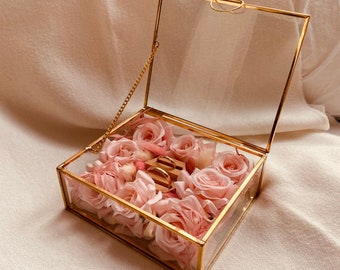 Glas Ringkästchen mit Blumen, Gold Ringbox aus Glas Rechteckig, Schmuckkästchen Hochzeit, Ringschatulle mit Holzringhalter, Ringschachtel