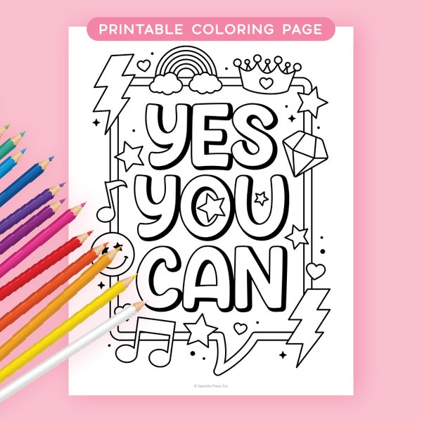 Printable Coloring Page, Coloring Page for Adults, Coloring Page Printable for Teens, Positive Affirmations, Yes You Can, Instant Download